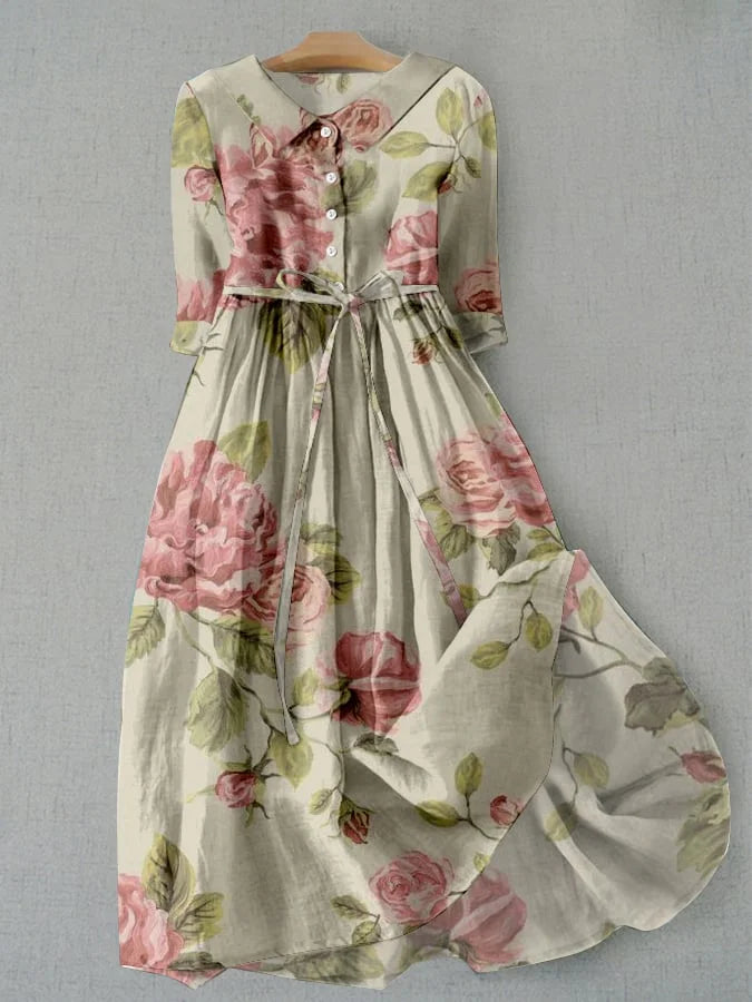 Marley - Vintage Lace-Up Waist Floral Print Dress