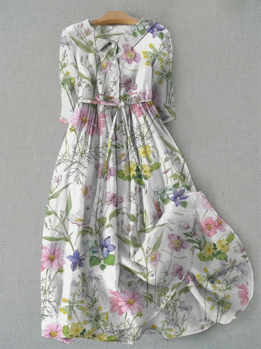 Dahlia - Summer A-Line Dress with Waist Lacing and Floral Pattern
