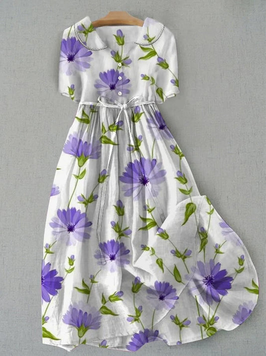 Sage - Retro Lace-Up Tailored Floral Dress with Half Sleeves