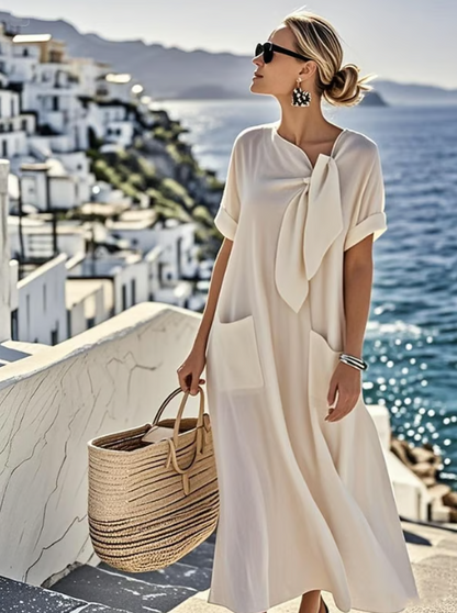 Linen Dress with Bow and Pockets