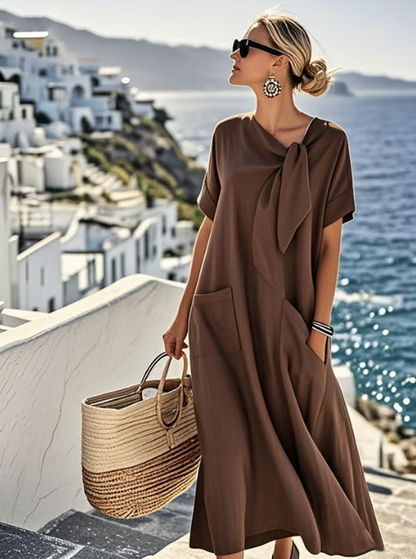 Linen Dress with Bow and Pockets