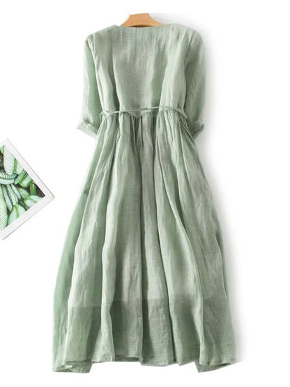 Arya - Women's Retro Round Neck Dress with Lacing at the Waist