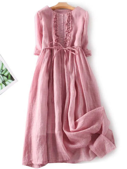 Arya - Women's Retro Round Neck Dress with Lacing at the Waist