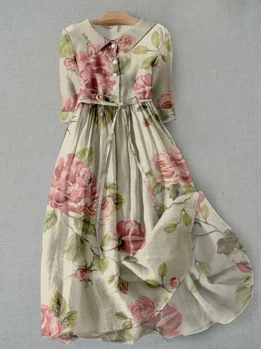 Marley - Vintage Lace-Up Waist Floral Print Dress